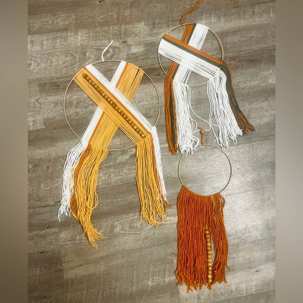 Boho Macrame Hoop Wall‎ Hanging Art Decor Set of 3 Mustard White Brown